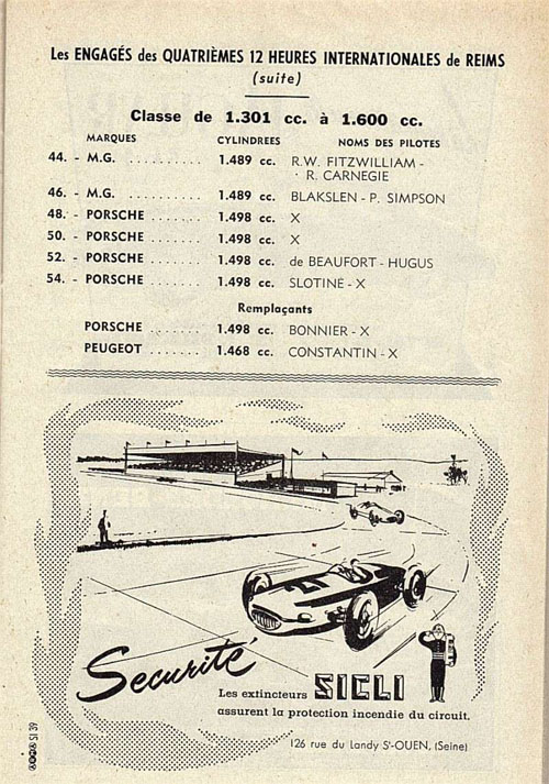 1957 Reims 12 Hours class entry list